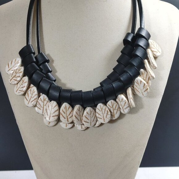 Tribal Necklace Black Tube Leather Stone White Leaf Beads Boho Statement Jewelry - Picture 10 of 15